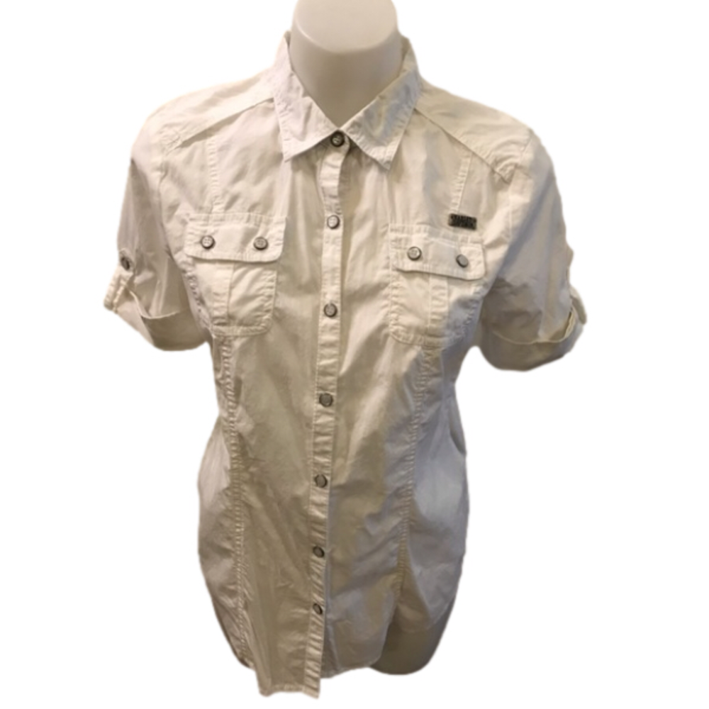 Harley Davidson Collar Button Snap Down Top with mesh Design on Back